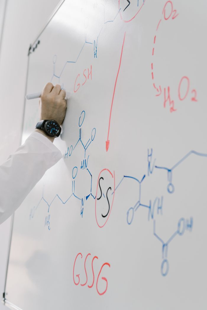 services-02 Scientist writing complex chemical formula on a whiteboard during a lab session.