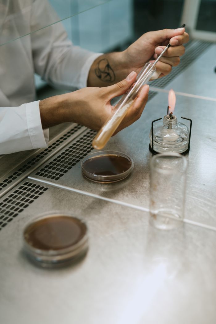 gallery-1 Focused setup of a lab experiment with hands closely analyzing a test tube.