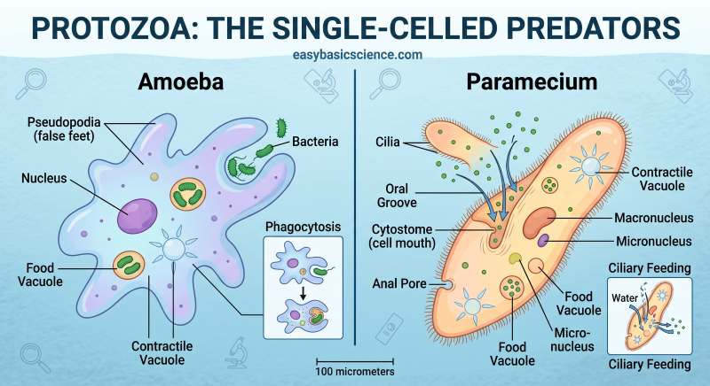 Paramecium and amoeba